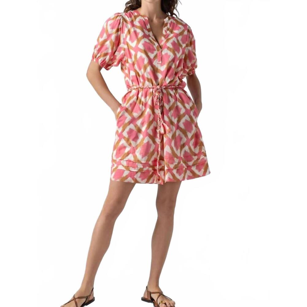 NEW LILLA P printed voile shirred elbow sleeve dress in punch ikat print